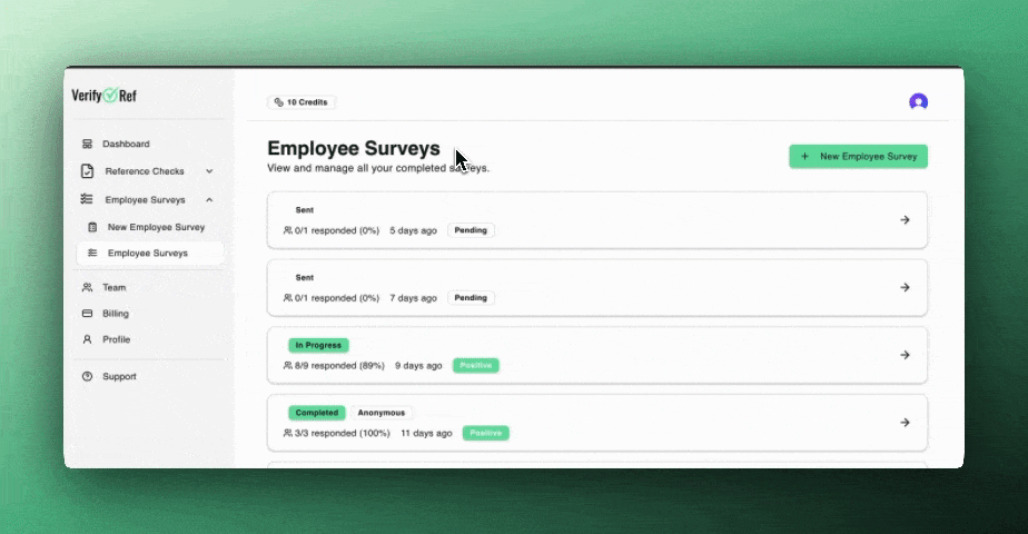 Verify Ref Employee Surveys dashboard: survey list with response rates and creating a new employee survey